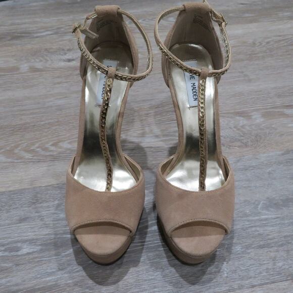 Steve Madden Womens Sz 10 Nude Beige  P-Pome Platform Suede T Strap Heels - Picture 2 of 10